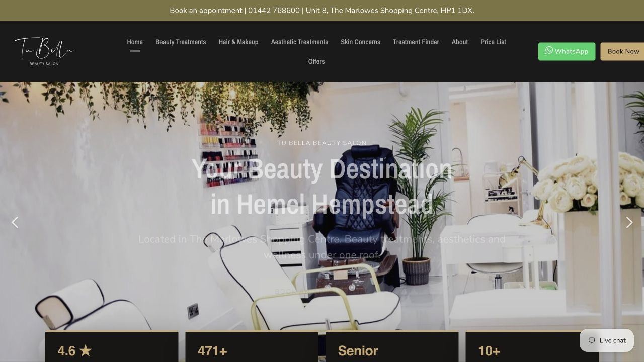 Tu Bella Beauty Salon website homepage