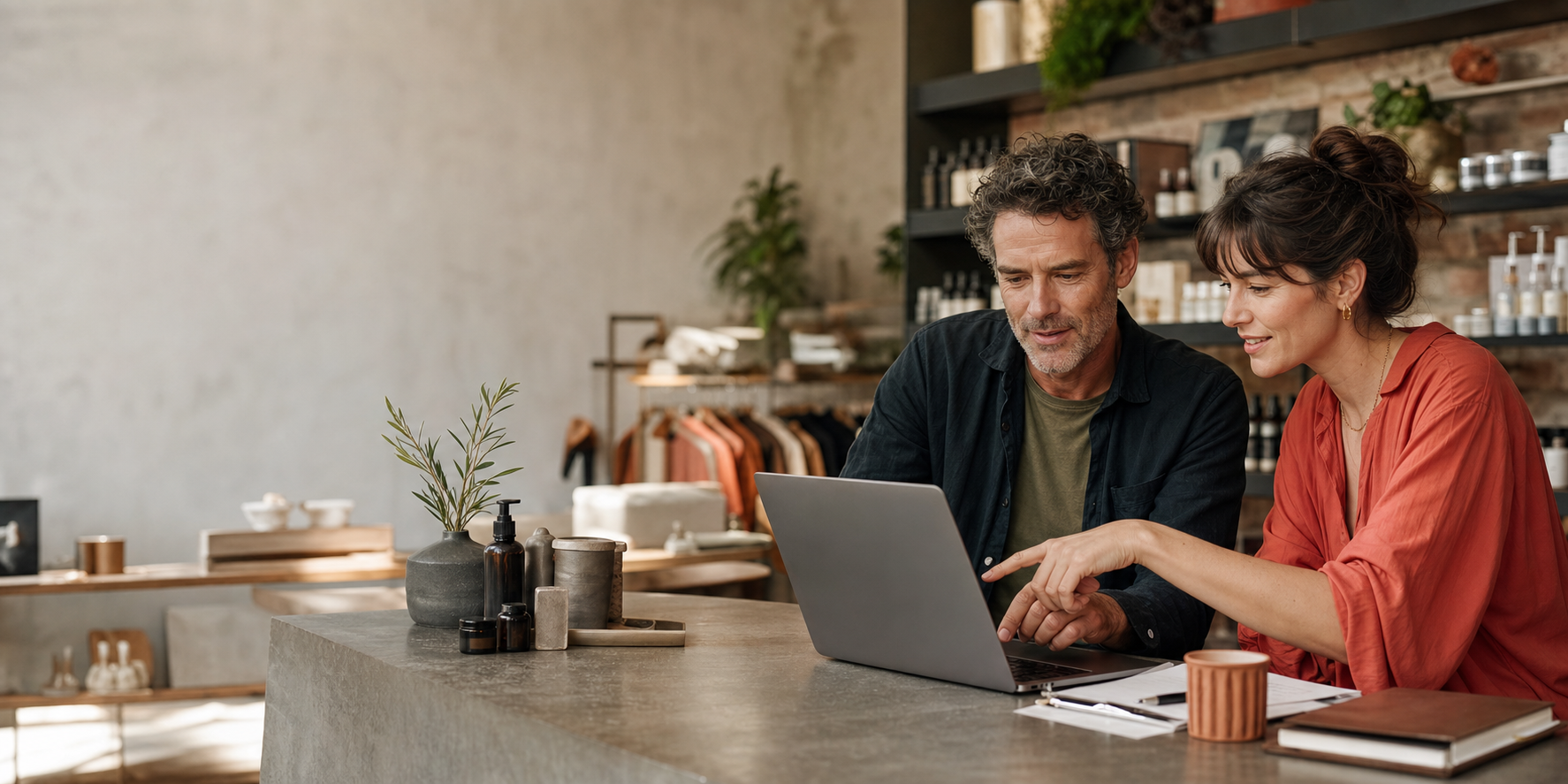 Small business owner and strategist working together
